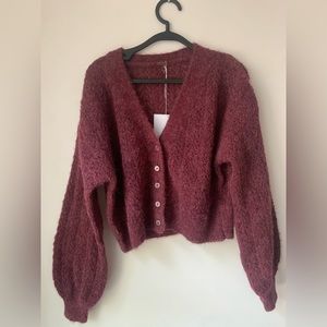 Free People Red Cardigan Cropped Sweater